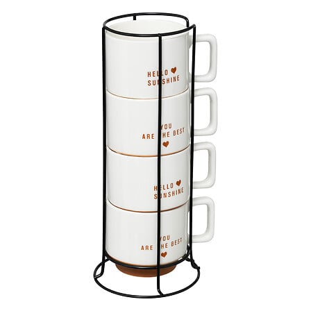 Set de 4 mugs 30cl avec support metal noir empiles inscriptions Hello Sunshine et You are the best ceramique blanche base bois cuisine - accessoire decoration pack mobilier LMNP