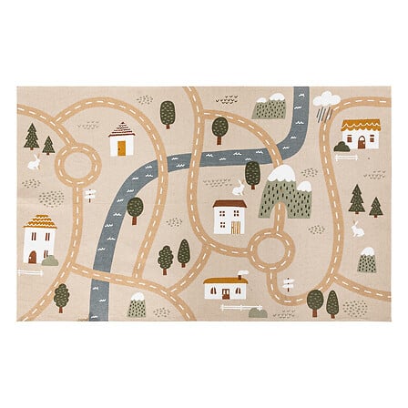 Tapis enfant rectangulaire 100x150cm coton motif village routes maisons et arbres - accessoire chambre enfant pack mobilier LMNP