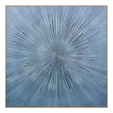 Toile imprimee encadree 78x78cm effet aluminium motif abstrait radial bleu metallise - decoration murale pack mobilier LMNP