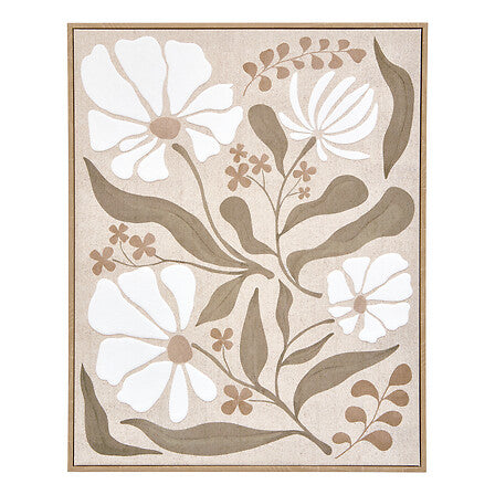 Toile imprimee florale encadree 40x50cm motifs floraux blancs et feuillages tons kaki beige - decoration murale pack mobilier LMNP