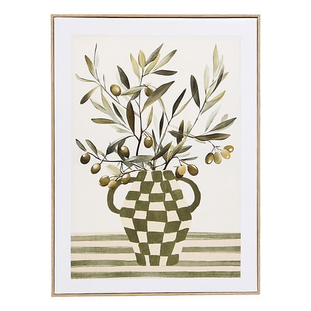 Toile imprimee vegetale encadree 45x60cm motif olivier dans vase damier vert et blanc - decoration murale pack mobilier LMNP