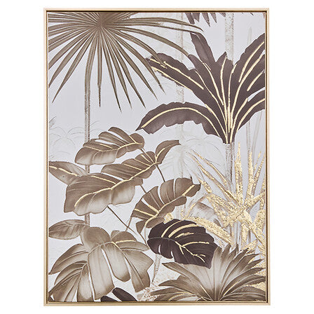 Toile murale 3D encadree 60x80cm feuillage tropical monstera palmier effet metallise dore - decoration murale pack mobilier LMNP
