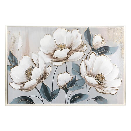 Toile peinte encadree florale 90x60cm fleurs blanches elegantes feuilles vert celadon touches dorees - decoration murale pack mobilier LMNP
