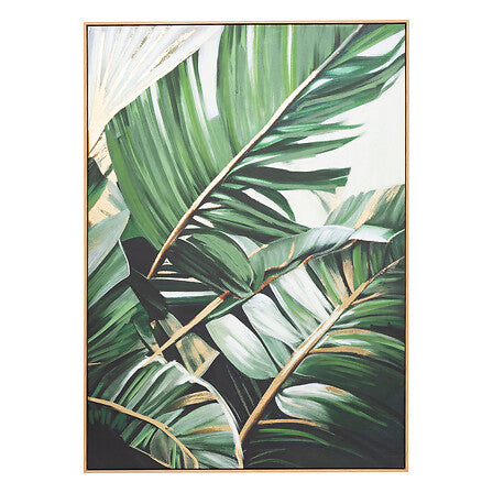 Toile peinte encadree tropicale 100x140cm feuillage vert palmier monstera effet dore - decoration murale pack mobilier LMNP