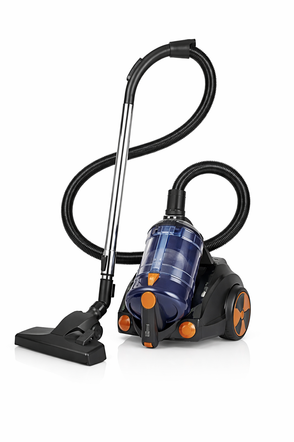 Aspirateur traineau sans sac bleu et noir accents orange tuyau flexible brosse sol vue complete electromenager menage - accessoire decoration pack mobilier LMNP