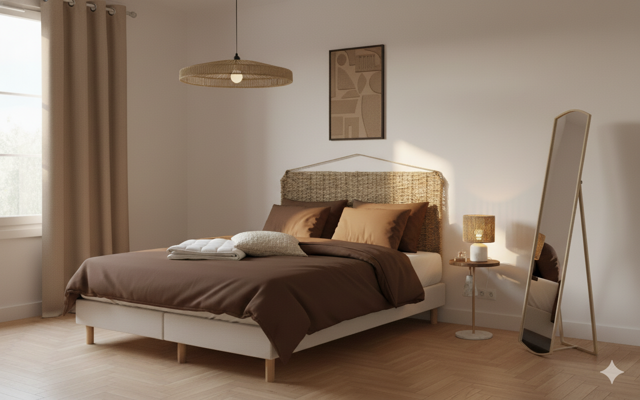 Chambre entièrement aménagée par Les Compositeurs avec mobilier, linge de lit, luminaires et décoration harmonisée, illustrant une solution d’aménagement clé en main personnalisée pour un logement prêt à vivre.