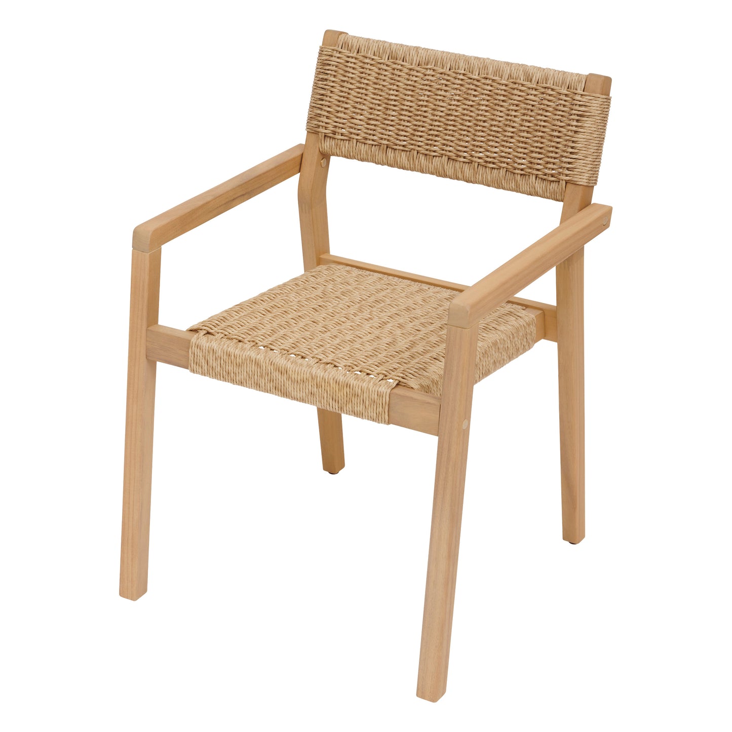Fauteuil en bois avec assise et dossier en corde tressée, sélectionné par Les Compositeurs pour créer un espace extérieur chaleureux, naturel et élégant sur une terrasse ou un balcon aménagé.