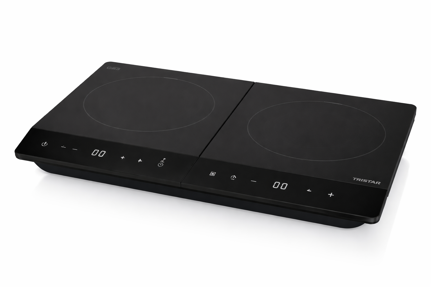 Plaque a induction double foyer Tristar noire deux zones de cuisson ecrans digitaux LED boutons tactiles vue en perspective cuisine electromenager - accessoire decoration pack mobilier LMNP
