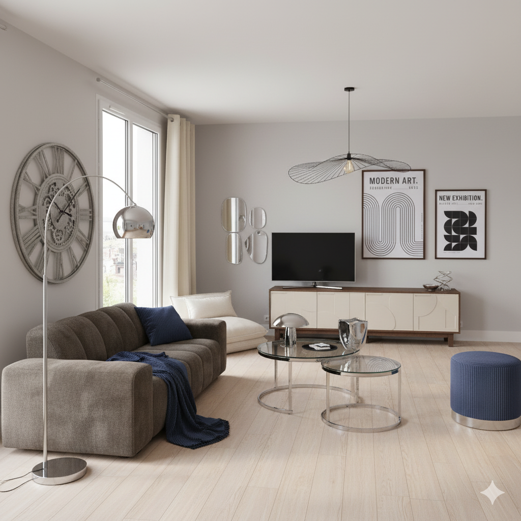 Salon contemporain élégant avec canapé texturé, tables basses en verre, luminaires design, mobilier épuré et décoration moderne, illustrant un aménagement intérieur raffiné conçu pour valoriser un logement et offrir une expérience haut de gamme.
