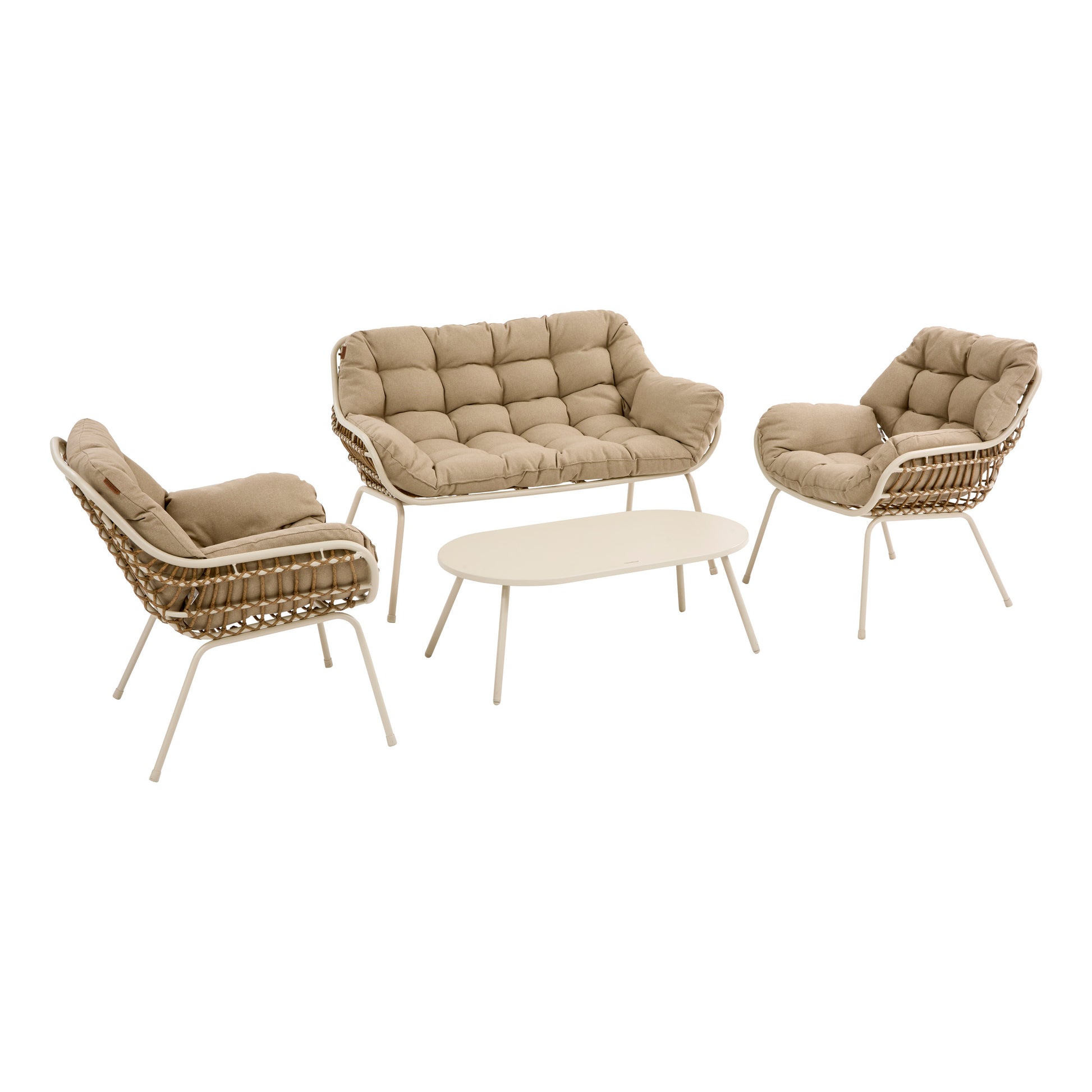 Salon de jardin avec canapé, fauteuils et table basse intégré aux packs d’aménagement extérieur Les Compositeurs, pour une terrasse ou un balcon aménagé clé en main, confortable et prêt à vivre.