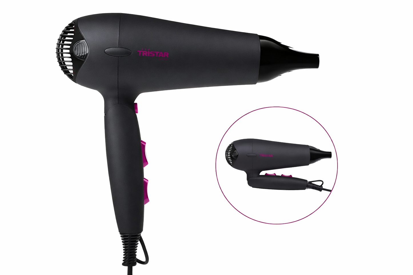Seche cheveux Tristar noir et rose vue de profil avec medaillon poignee pliable compact salle de bain electromenager - accessoire decoration pack mobilier LMNP